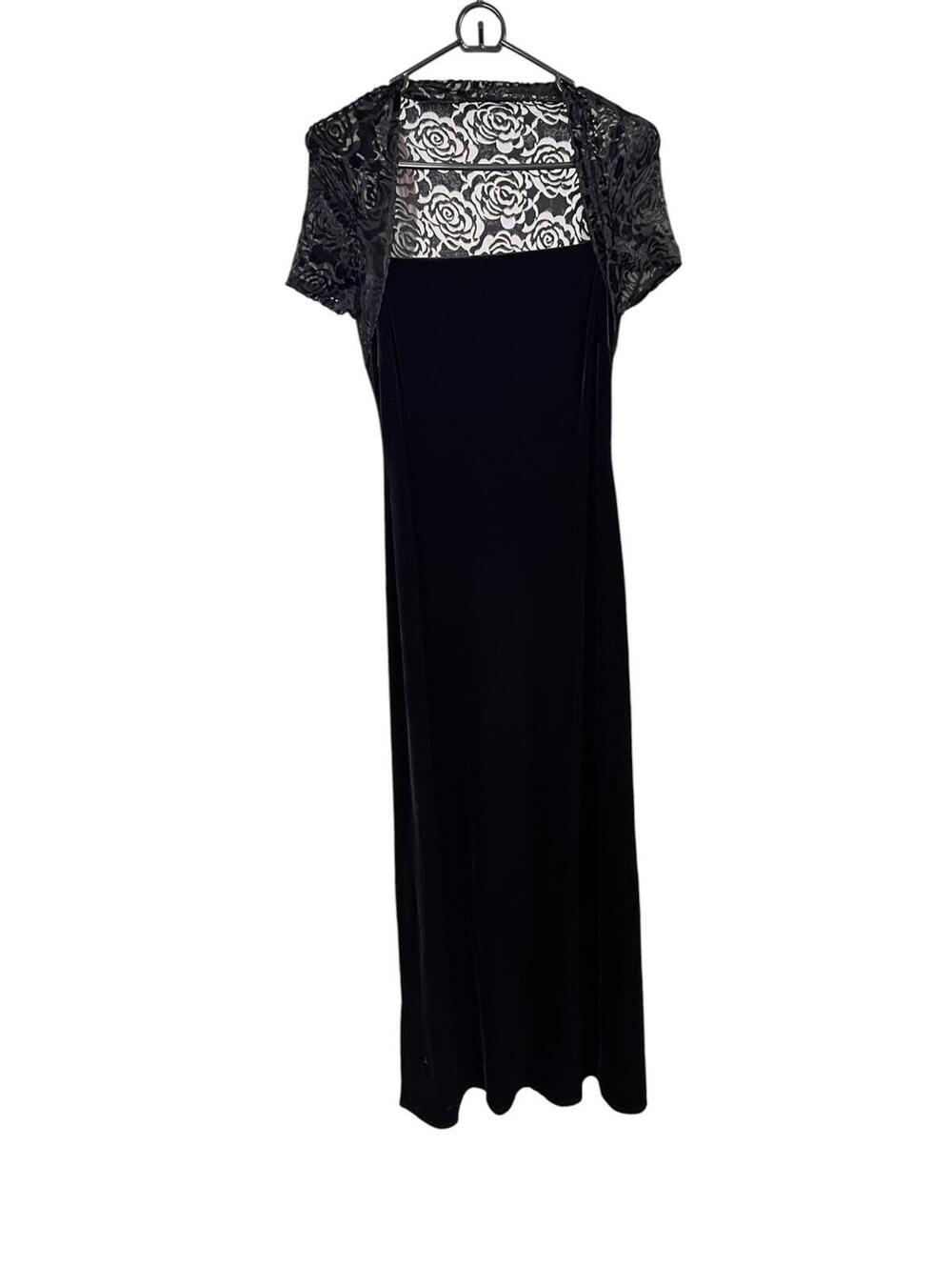 Vintage Black Velvet Maxi Dress Womens Medium Lace Overlay Formal Gothic